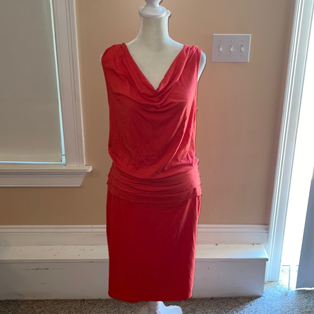 Bright coral cowl neck midi dress with banded waist. EUC.